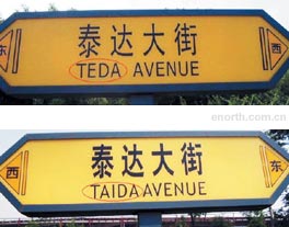 street sign with TEDA AVENUE on one side and TAIDA AVENUE on the other; but the Hanzi are the same on both sides