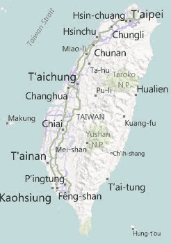 map of Taiwan from Bing, showing Wade-Giles place names