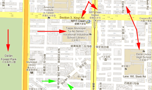 click for larger screenshot from Google Maps, showing how the correct Dà'ān (and correct Ruì'ān) is used but also the incorrect Daan and Ta-An