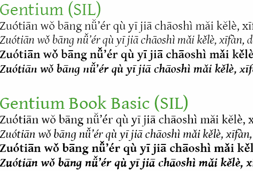 screenshot of the serif fonts 'Gentium' and 'Gentium Book' in action on a sample Pinyin text