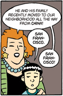 panel from American Born Chinese. The boy's teacher says 'He and his family recently moved to our neighborhood all the way from China.'  He says 'San Francisco.' She corrects herself: 'San Francisco.'