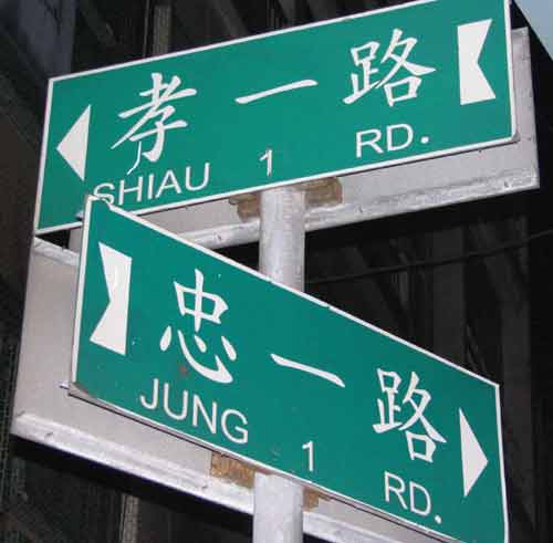 photo of street signs in Jilong. One sign reads 'JUNG 1 RD', the other 'SHIAU 1 RD'