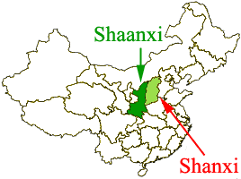map of China, showing the locations of Shaanxi and Shanxi