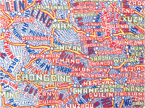 close-up of the map of China, by Paula Scher, with the densely packed names of the cities and towns (often written in a filled-in-outline style) making up the bulk of the painting
