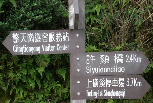 wooden directional signs reading '擎天崗遊客服務站 Ciingtiangang Visitor Center / 許顏橋 Siyuiannciiao / 上磺溪停車場 Parking-Lot Shanghuangsiyi'