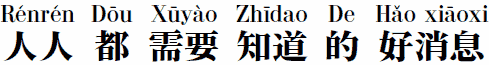 Rénrén Dōu Xūyào Zhīdao De Hǎo Xiāoxi (I'd prefer 'de' instead of 'De' -- but that's no big deal) 人人都需要知道的好消息