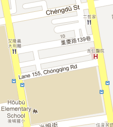 screenshot from Google Maps, showing how the correct Chóngqìng Rd and Chéngdū St are used but also how the incorrect Houbu (instead of Houpu) is shown