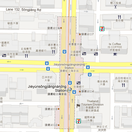 screenshot from Google Maps, showing how the Songjiang-Nanjing MRT station is labeled 'Jieyunsongjiangnanjing Station' (with tone marks)