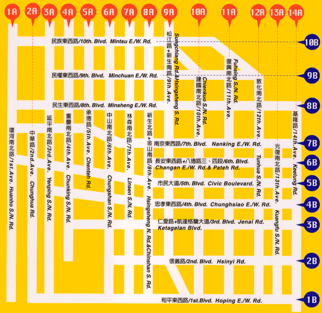 map of the numbers used as names for Taipei streets